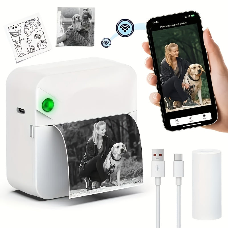 Mini Pocket Thermal Printer Inkless Wireless Sticker Photo Printer with 1 Roll Thermal Paper Portable Receipt Printer for Photos Diaries Notes Memos