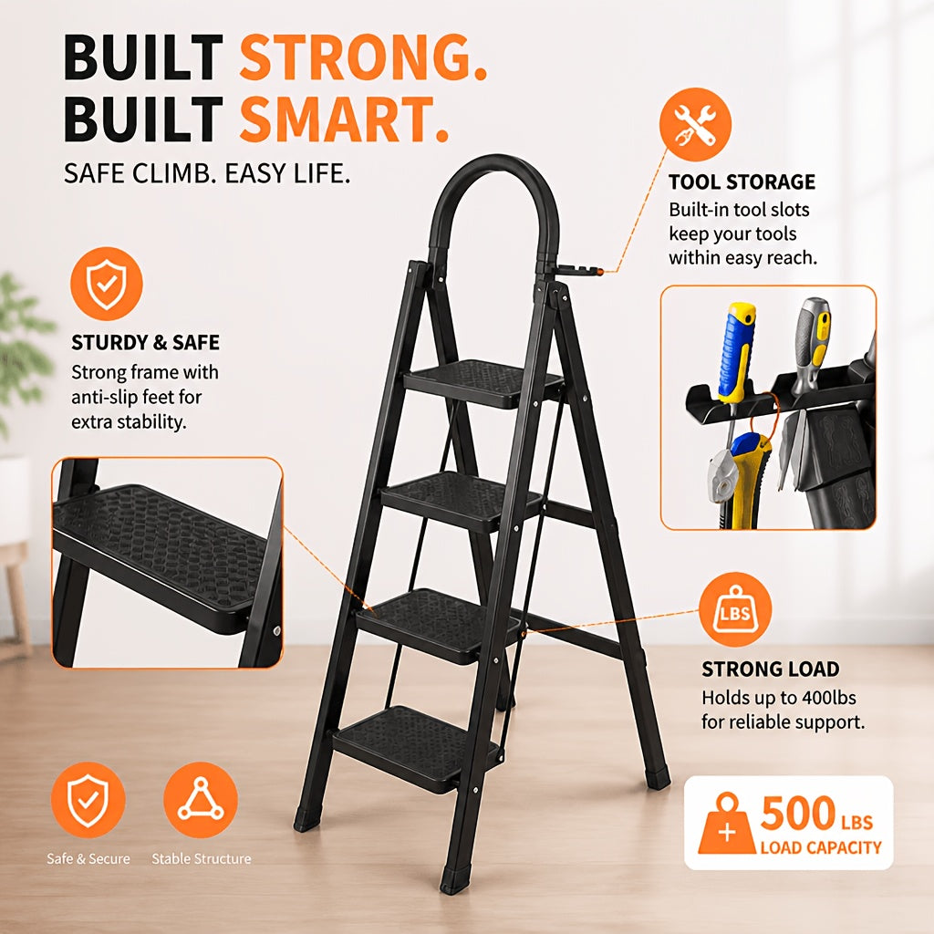 Heavy-Duty Folding Step Ladder 2 3 4 5 Step 500 Lbs Capacity Non-Slip Lightweight Portable Plastic Stepladder for Home and Industrial Use