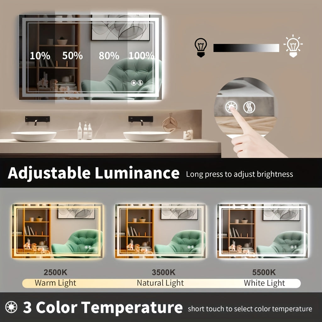 LED Bathroom Mirror with Lights Anti-Fog Dimmable 3 Color Temperatures, Touch Sensor & Wall Switch, Memory Function Tempered Glass Vanity Mirror – Wall Mounted Horizontal or Vertical, 5 Sizes