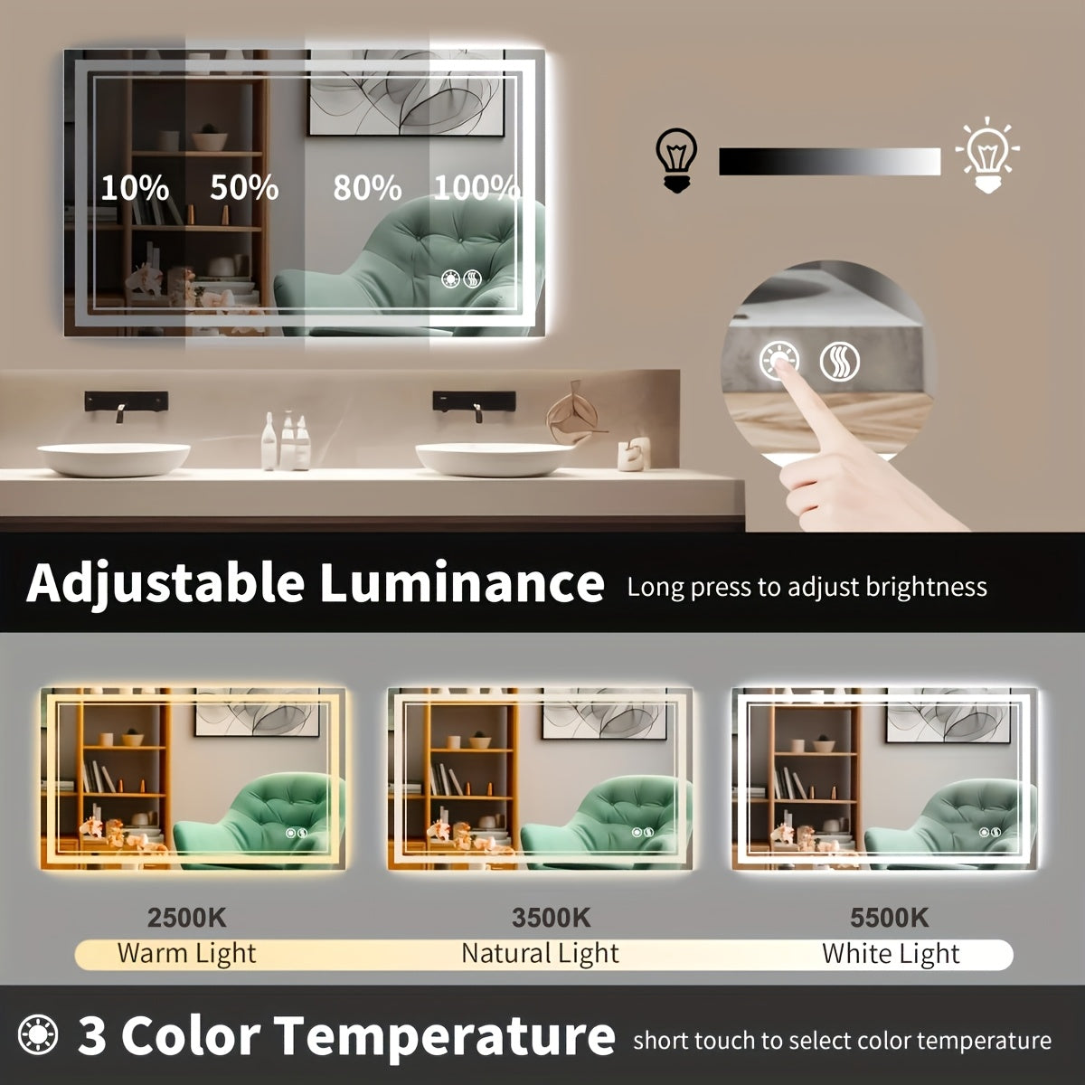 LED Bathroom Mirror with Lights Anti-Fog Dimmable 3 Color Temperatures, Touch Sensor & Wall Switch, Memory Function Tempered Glass Vanity Mirror – Wall Mounted Horizontal or Vertical, 5 Sizes
