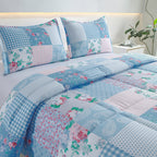 Blue Checkered Floral Comforter Set 2/3 Piece – Lightweight All-Season Quilt with Pillowcases, Soft Bedding Set Twin Queen King, Machine Washable