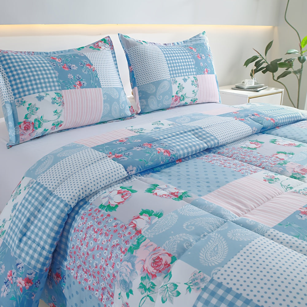 Blue Checkered Floral Comforter Set 2/3 Piece – Lightweight All-Season Quilt with Pillowcases, Soft Bedding Set Twin Queen King, Machine Washable