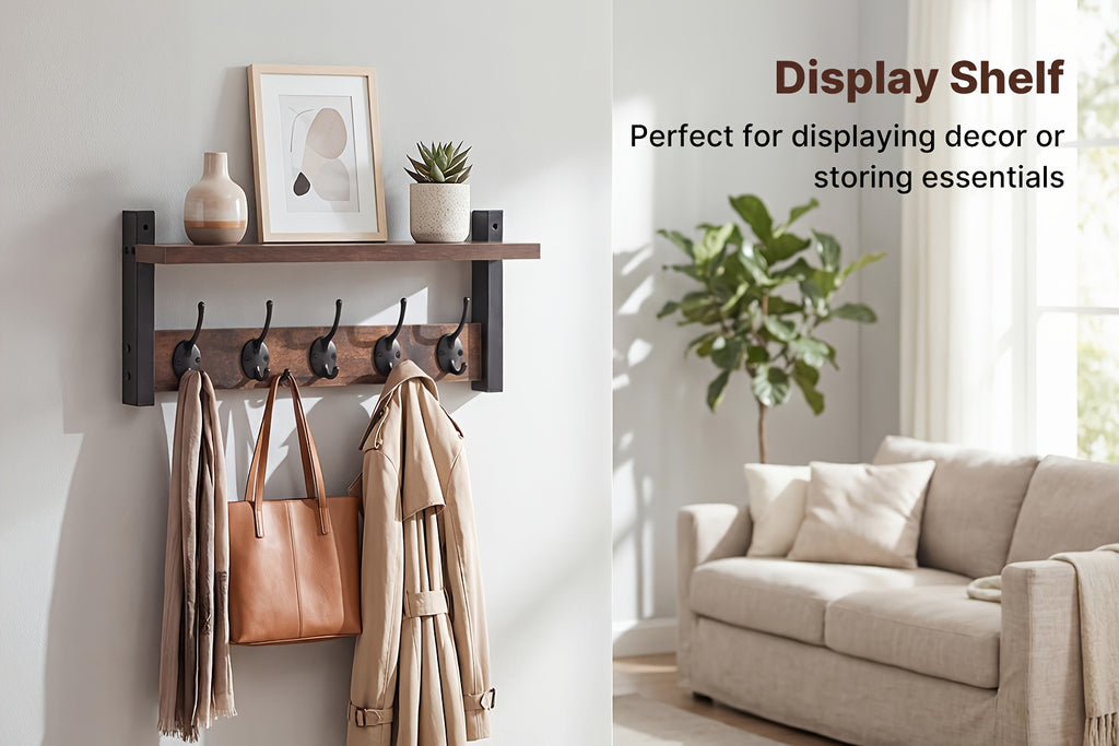 Wooden Wall-Mounted Shelf with 5 Hooks – Floating Coat Rack & Key Organizer for Entryway, Bedroom & Bathroom, Towel Hook Rail, Wall Storage for Kitchen & Living Room, Rustic Wood Hanging Shelf with Hooks