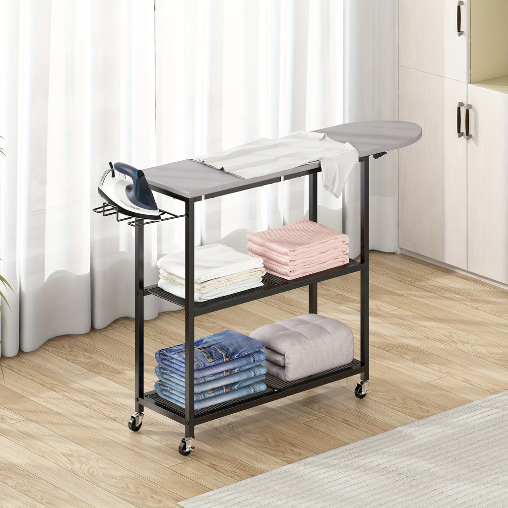 3-Tier Rolling Ironing Board Cart with Storage Shelves & Wheels – Mobile Laundry Station with Foldable Ironing Board, Iron Holder & Lockable Casters for Home Laundry Room, Bedroom & Living Room