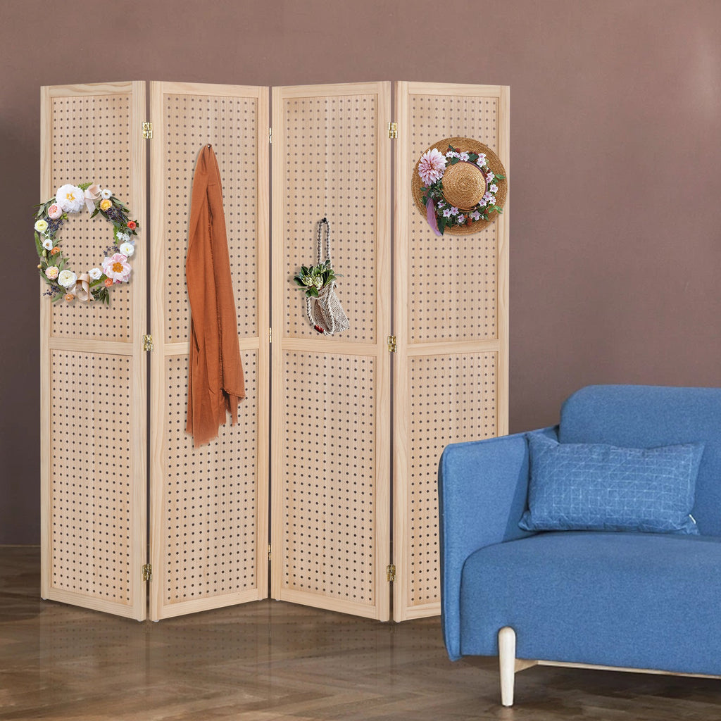 5 FT Freestanding Pegboard Room Divider | Wood Folding Privacy Screen & Display Board Organizer with Support Feet – White, Black, Natural, Grey | Craft Shows, Retail & Home