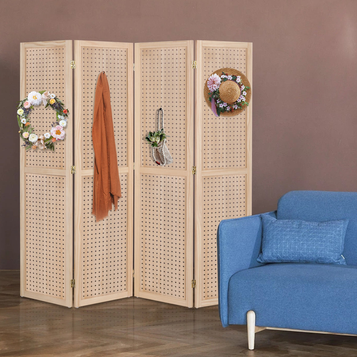 5 FT Freestanding Pegboard Room Divider | Wood Folding Privacy Screen & Display Board Organizer with Support Feet – White, Black, Natural, Grey | Craft Shows, Retail & Home