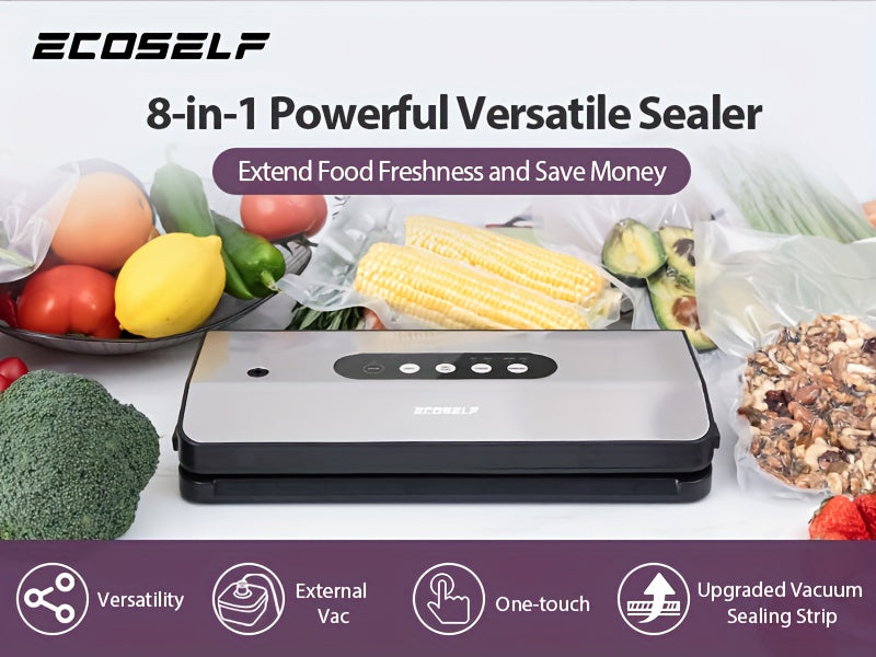 Vacuum Sealer Machine 8-in-1 65kPa Stainless Steel with Built-In Cutter, 10 Bags & External Vacuum Port – Food Sealer for Food Storage & Sous Vide, Model SJ2090