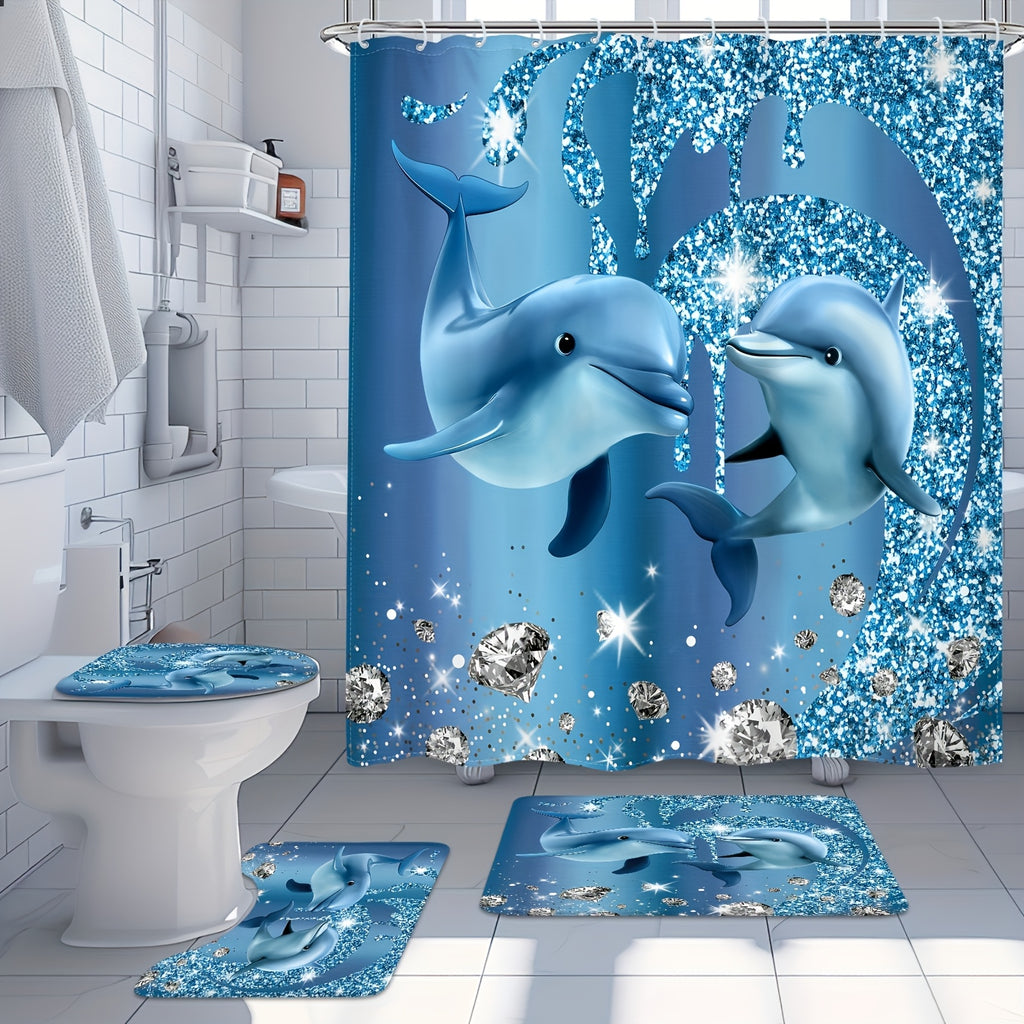 Blue Dolphin Shower Curtain Set 4 Piece – Cute Ocean Cartoon Bathroom Curtain with Non-Slip Rug, Toilet U-Shape Mat & Lid Cover + 12 Hooks | Coastal Bath Decor