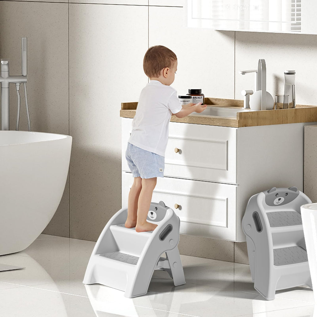 Foldable Kids Step Stool 2-Step with Non-Slip Design & Handle – Multipurpose Toddler Step Stool for Bathroom Sink, Kitchen Counter, Bedroom, Grey Pink Blue