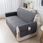 Sofa Cushion Cover with Storage Pocket – Pet-Proof Non-Slip Multi-Function Sofa Protector, All-Season Machine Washable, 1/2/3-Seater, Navy Coffee Off-White Dark Gray