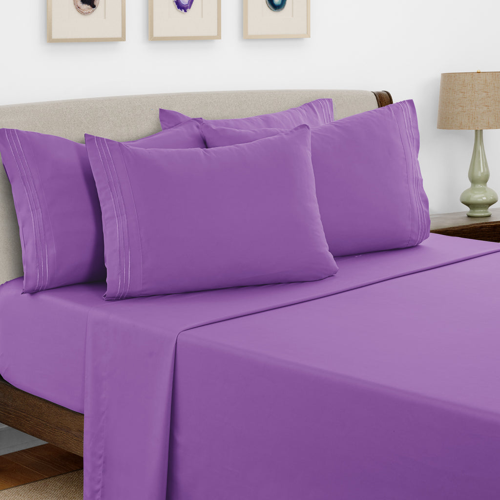 Brushed Microfiber Bed Sheet Set 6 Piece with Embroidered Pillowcases - Hotel Luxury Deep Pocket 16 Inch, Soft Breathable All Season, 24 Colors, Twin Twin XL Full Queen King Cal King