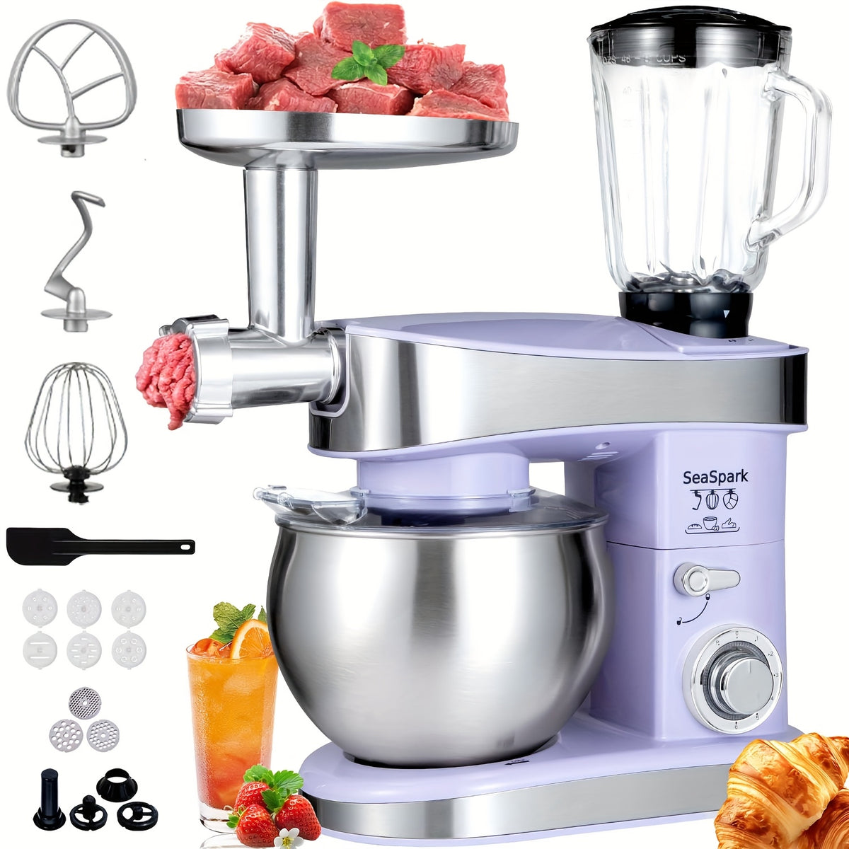 Stand Mixer 6-in-1 with 6.3QT Stainless Steel Bowl, 400W 6-Speed Tilt-Head Kitchen Mixer with Dough Hook, Egg Beater, Whisk, Juicer & Meat Grinder Attachments