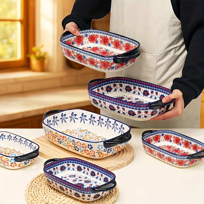 Bohemian Ceramic Baking Dishes Set of 2 - Large Rectangular Oven-Safe Casserole & Pie Pan, Porcelain Roaster Set for Baking & Cooking, Elegant Kitchen Gift, Red Blue Yellow White