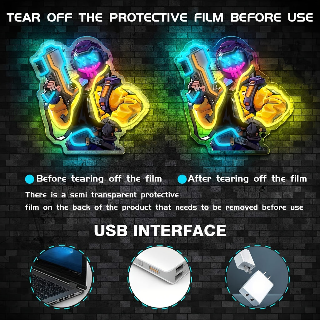 Neon Marksman LED Wall Art Sign UV Printed USB Powered – Glowing Gun Wall Decor for Game Room, Bar, Man Cave & Bedroom – Colorful or Yellow