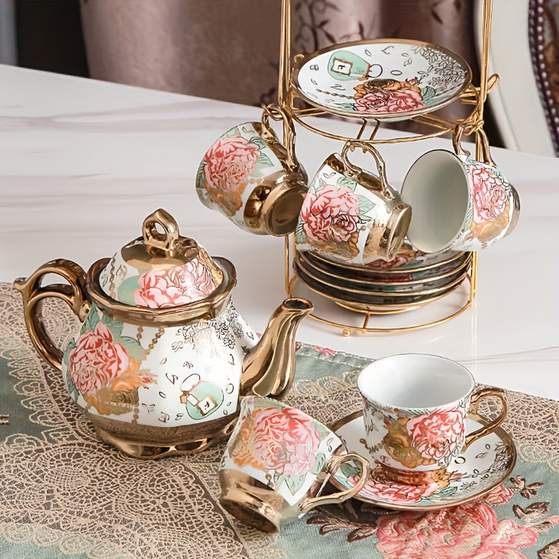 20 Piece Ceramic Tea Set Floral Design – European Afternoon Tea Service with Teapot, Cups, Saucers & Metal Stand – Blooming Style, Gift for Tea Lovers