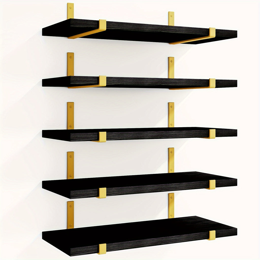 Rustic Floating Shelves Set of 5 Wood Wall Shelves 15.8x4.7 Inch for Bedroom Living Room Kitchen Bathroom Office Plant Display Home Decor Dark Brown Light Brown Black Gold