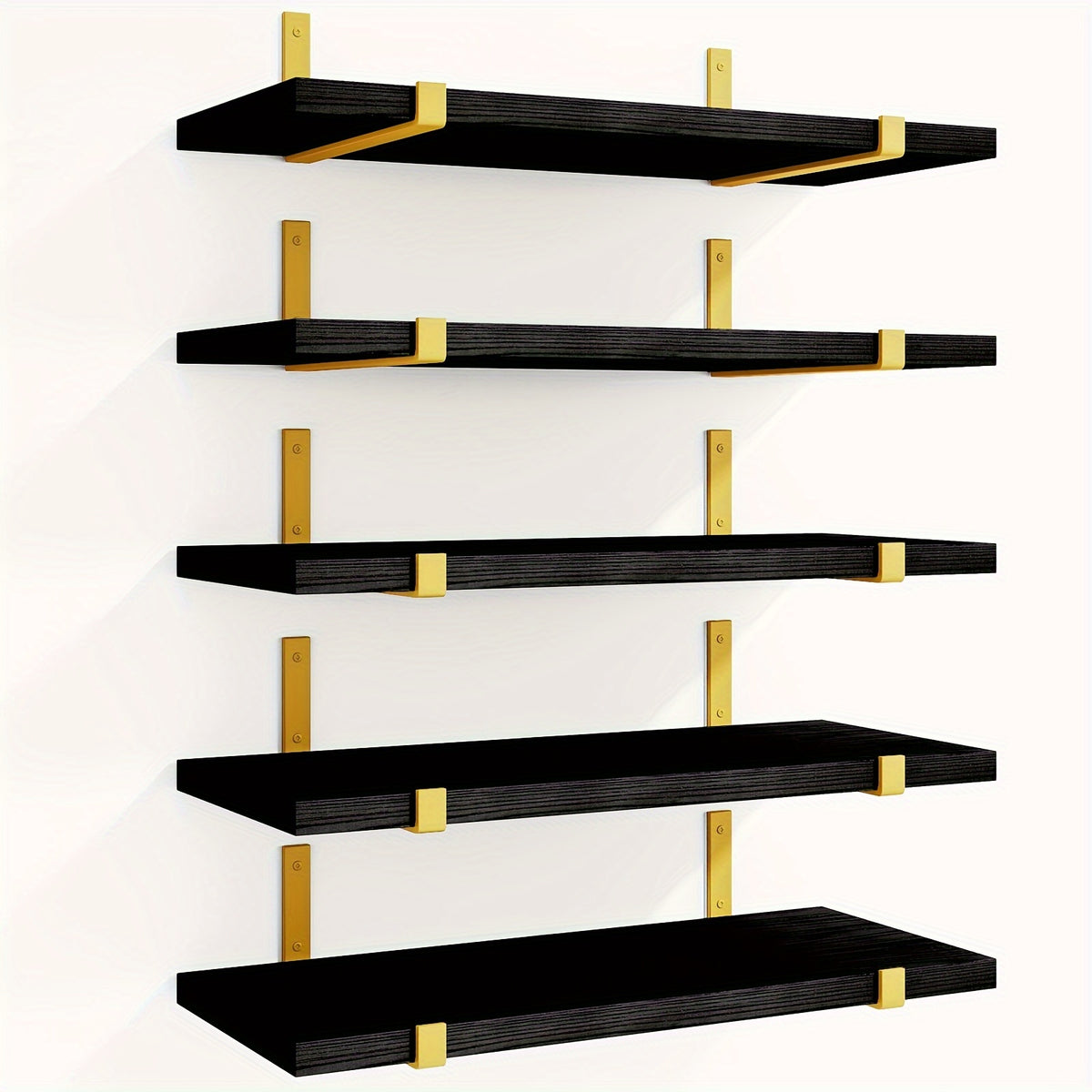 Rustic Floating Shelves Set of 5 Wood Wall Shelves 15.8x4.7 Inch for Bedroom Living Room Kitchen Bathroom Office Plant Display Home Decor Dark Brown Light Brown Black Gold