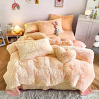 Plush Faux Fur Duvet Cover Set for Kids & Teens, 3/4 Pcs with Pillowcases & Heart Pillow, Super Soft Warm Faux Fur Comforter Cover, Machine Washable Lodge Style Bedding, Twin Queen King