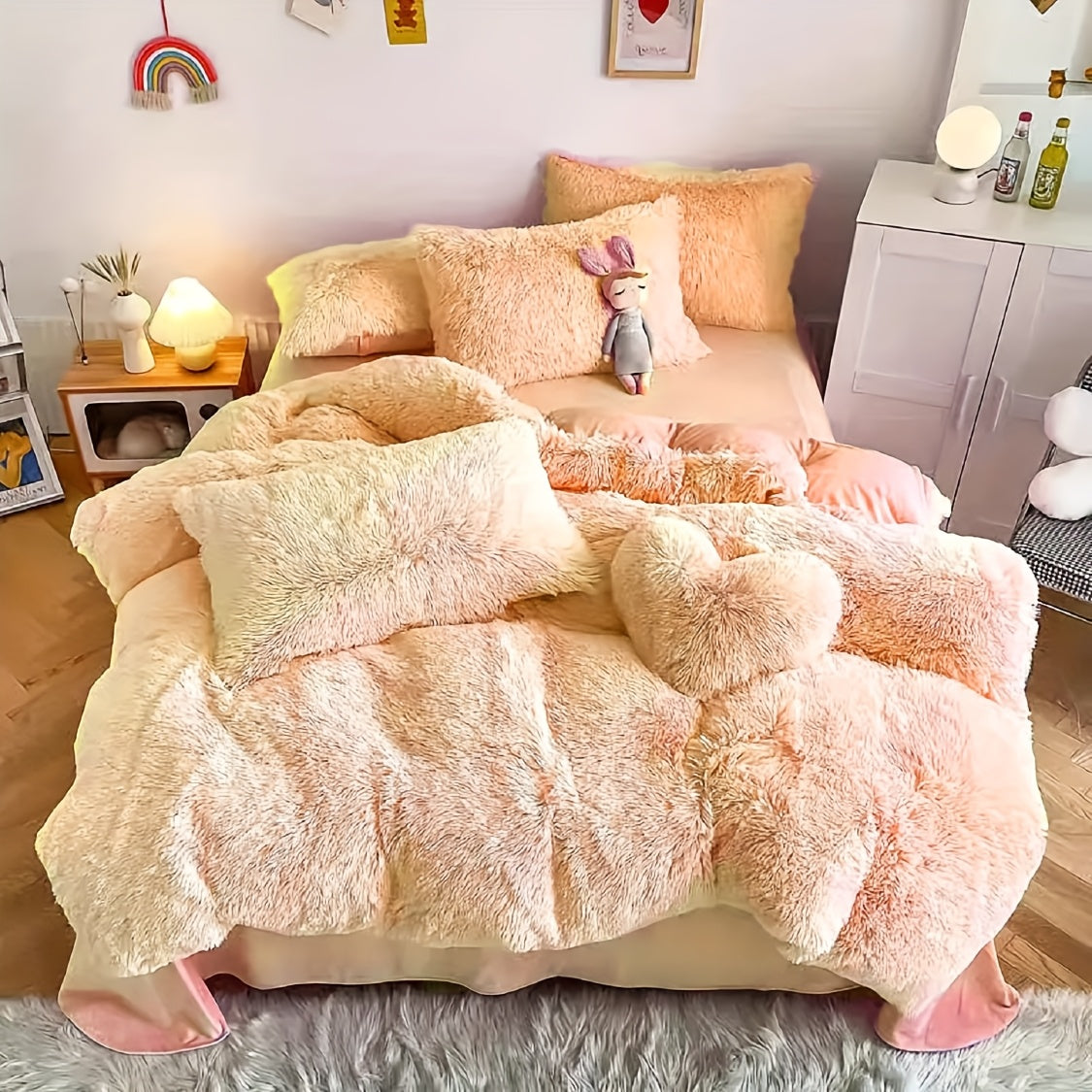 Plush Faux Fur Duvet Cover Set for Kids & Teens, 3/4 Pcs with Pillowcases & Heart Pillow, Super Soft Warm Faux Fur Comforter Cover, Machine Washable Lodge Style Bedding, Twin Queen King