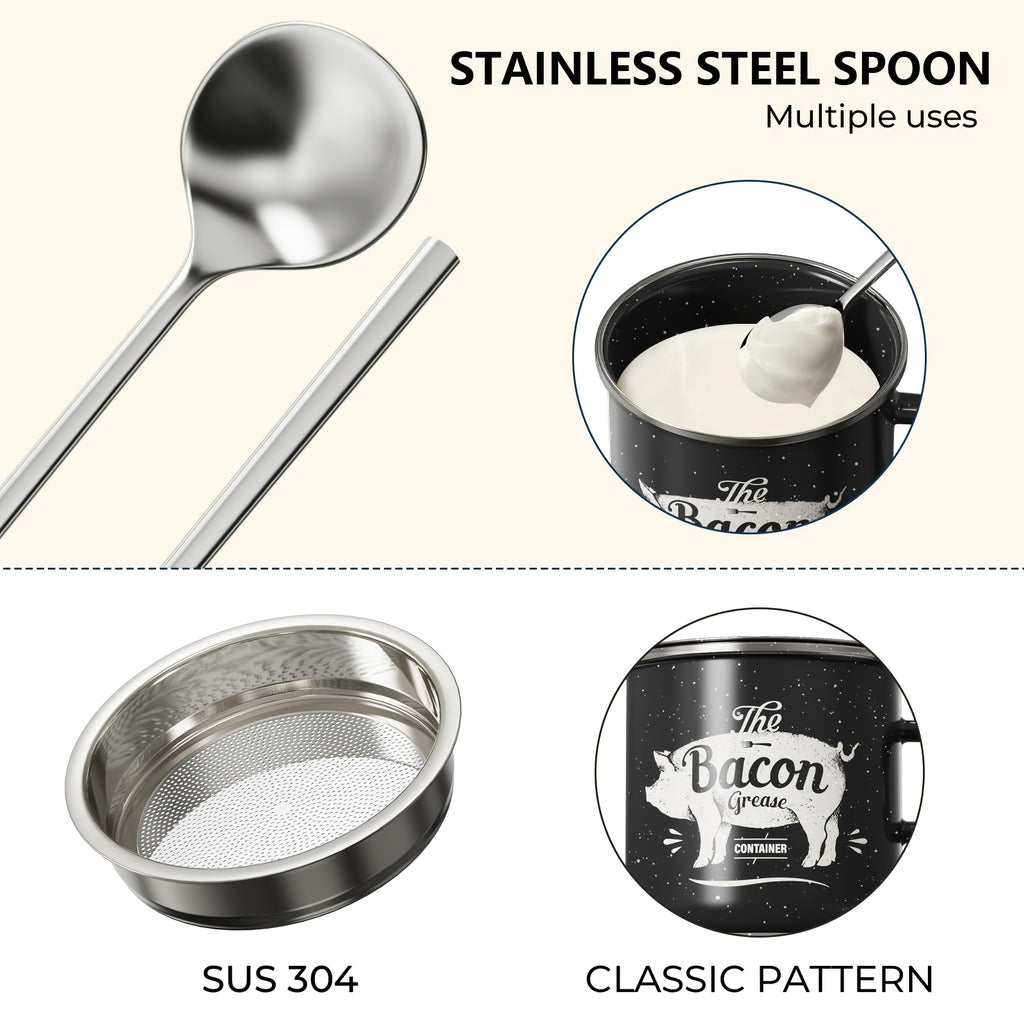 Stainless Steel Grease Container with Strainer and Spoon 15oz Cooking Oil Storage Jar Kitchen Essential Christmas Gift