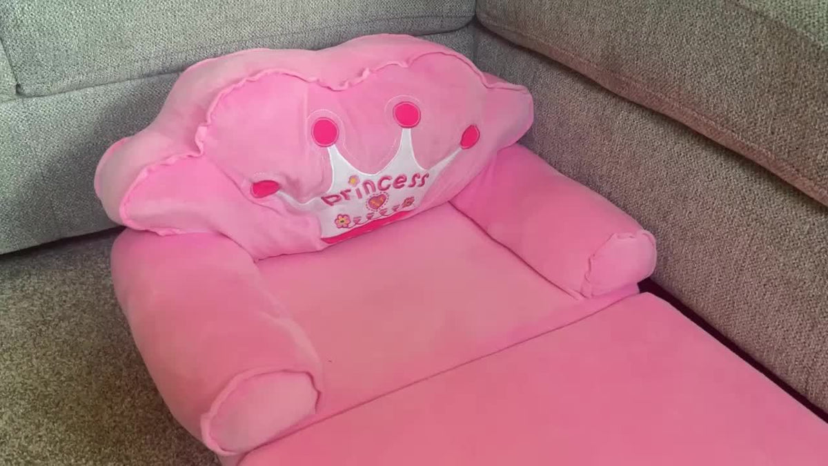 Flip Open Kids Sofa with Princess Crown Design – 2-in-1 Foldable Couch & Lounger Chair, Machine Washable Plush Cover, Certified Safe Foam, Dreamy Reading Nook Gift for Girls