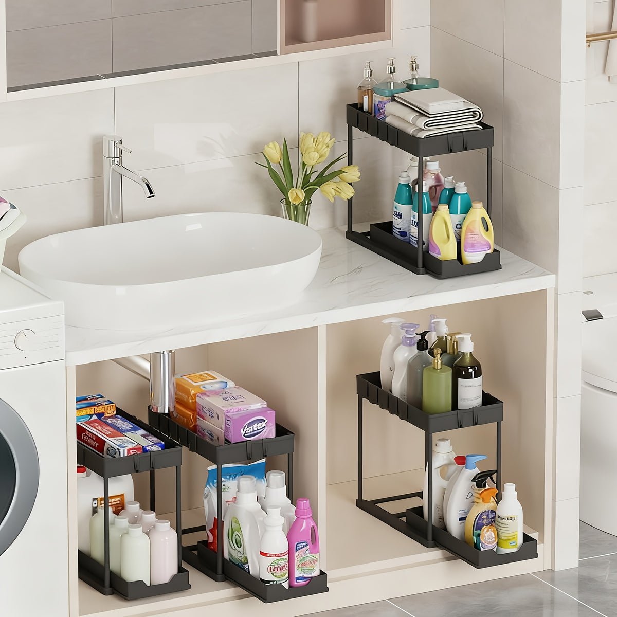 Bathroom Shelves Set of 2 – Punch-Free Retractable 2-Tier Storage Rack with Hooks & Hanging Cups for Bathroom, Kitchen & Laundry