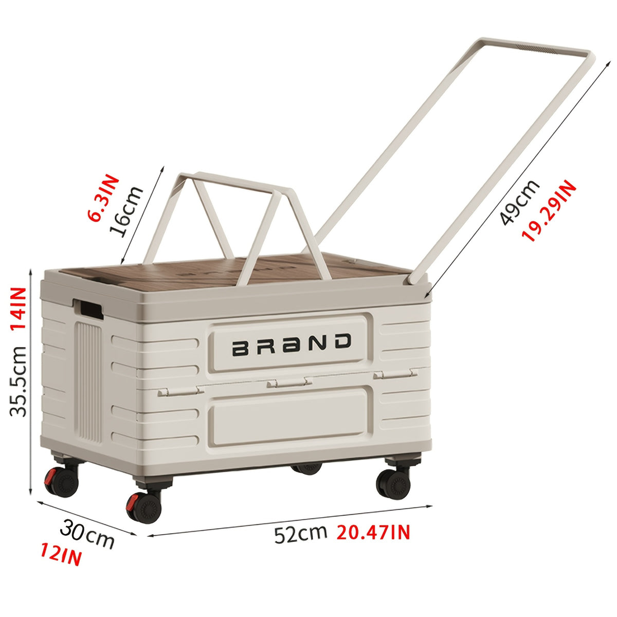 Collapsible Rolling Crate Cart with Wooden Lid & Wheels – 13.21 Gallon Foldable Utility Cart for Picnic, Shopping, Office, Teacher & Home Storage