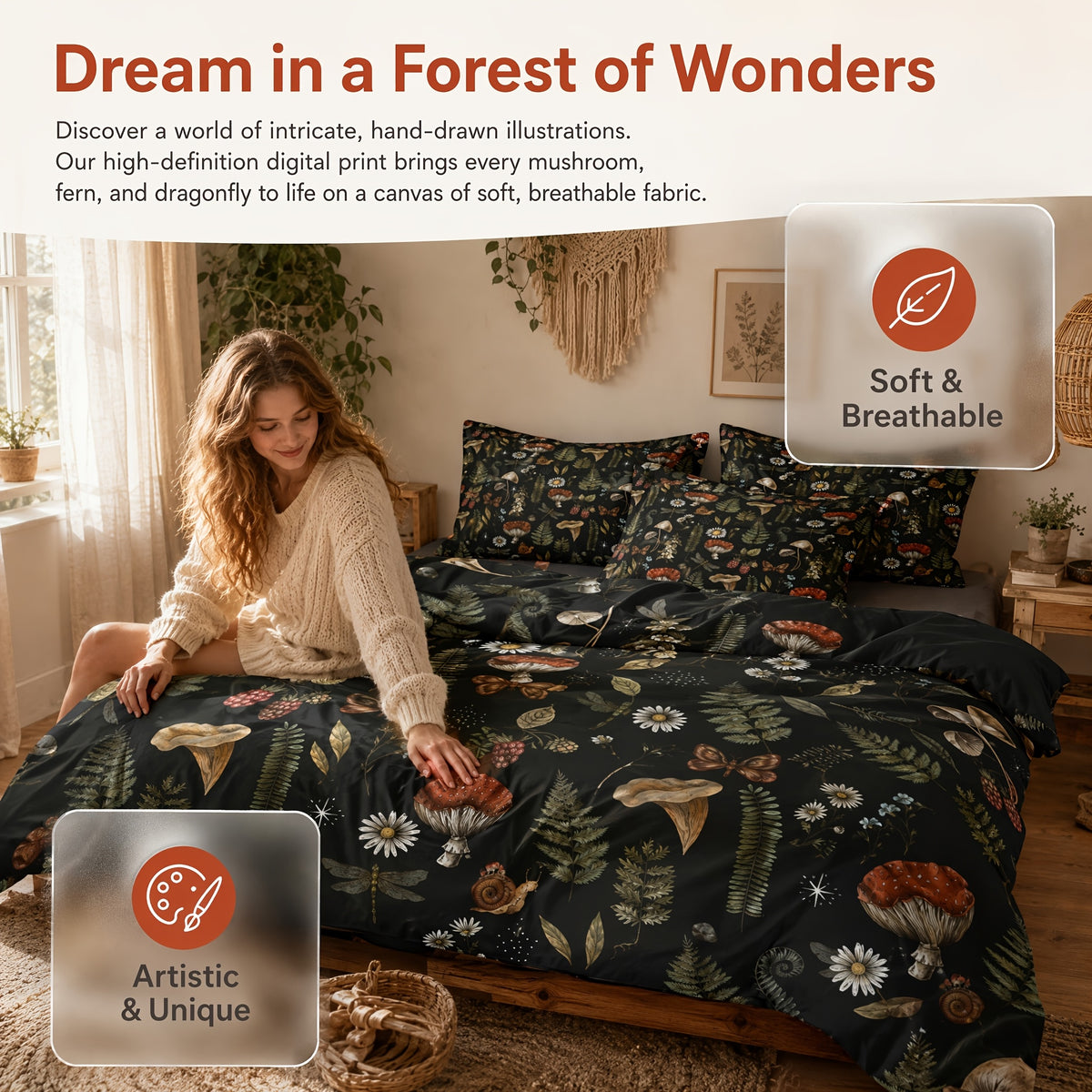 Mushroom Forest Print Duvet Cover Set 3 Piece Soft Polyester Quilt Cover with 2 Pillowcases Cottagecore Bedding Twin Full Queen King