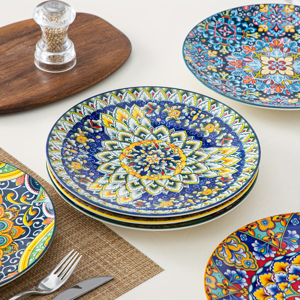 Bohemian Porcelain Dinner Plate Set of 6 - 10.5 Inch Large Serving Plates, Microwave & Dishwasher Safe, Elegant Ceramic Dinnerware for Daily Use, Parties & Gifting