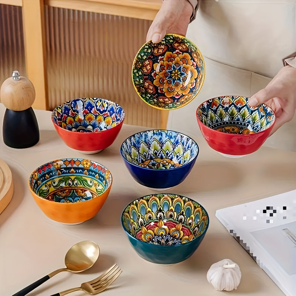 Bohemian Mandala Ceramic Bowl Set 6 Piece Mediterranean Style Colorful Paisley Tableware Microwave Safe Soup Dessert Noodle Salad Bowls for Family Gatherings