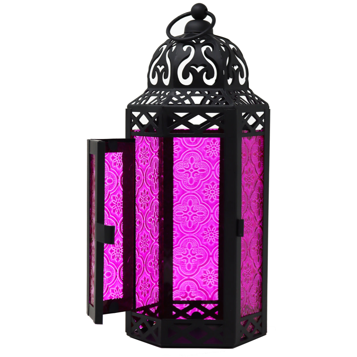 Moroccan Candle Lantern Holder Medium 10.5 Inch – Handcrafted Glass Iron Metal Lantern with Embossed Floral Panels, 17 Colors, Indoor Outdoor Use for Ramadan, Wedding, Patio, Diwali & Home Decor