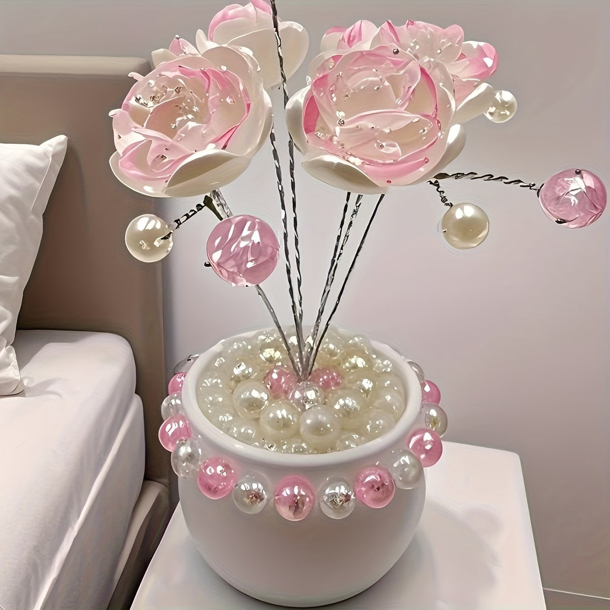 Crystal Simulation Flower Decoration Set of 2 - Handmade Faux Crystal Flowers for Car Center Console Home Decor and Desk - Elegant Gift for Mothers Day Birthday and Valentines Day Holiday Parties