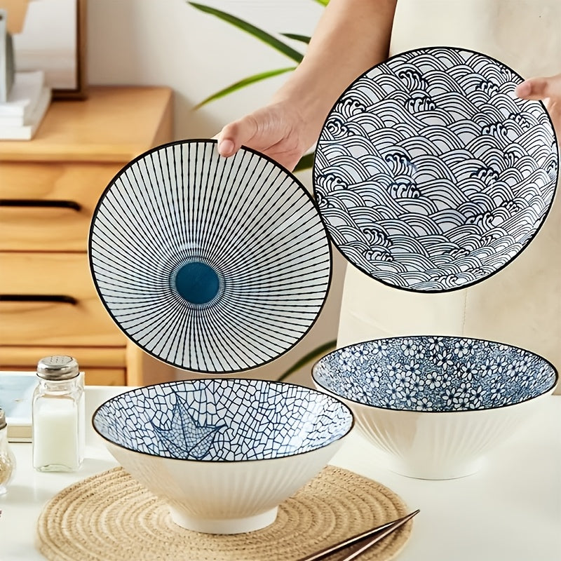 Japanese Ramen Bowls Set of 2 or 4 Ceramic Blue White Leaf Pattern 8 Inch 32oz Noodle Soup Bowl for Pho Ramen Pasta Cereal