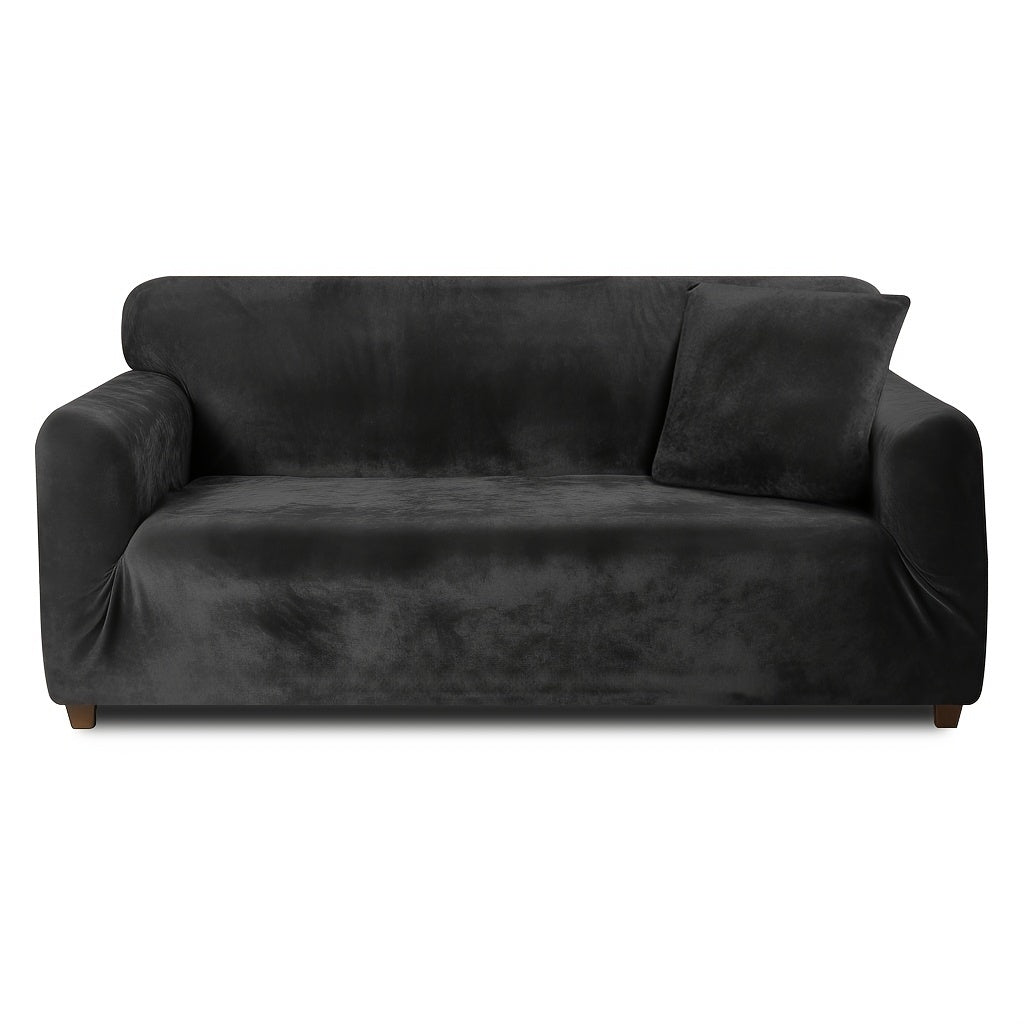 Velvet Stretch Sofa Cover Slipcover – Thick High-Elasticity Plush Couch Cover for L-Shape 1 2 3 4 Seater, Polyester Spandex Furniture Protector with Pillowcase for Living Room