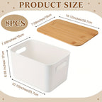 Storage Bins with Lids Wood Top, Plastic Stackable Storage Containers with Handle & Labels, Organizer Boxes for Home, Office, Bookshelf, Playroom & Medicine Cabinet, White, Set of 1/2/4/8