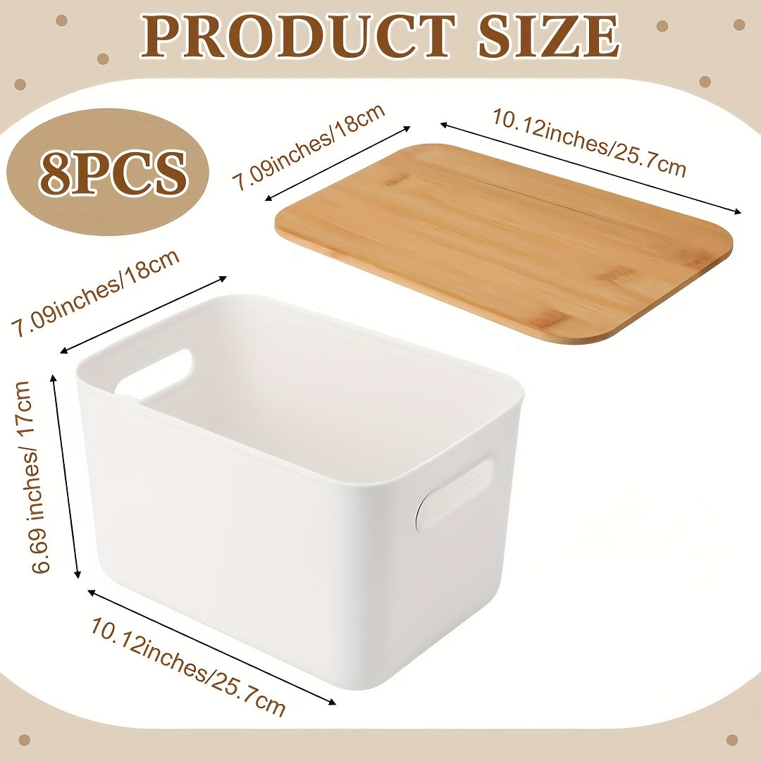 Storage Bins with Lids Wood Top, Plastic Stackable Storage Containers with Handle & Labels, Organizer Boxes for Home, Office, Bookshelf, Playroom & Medicine Cabinet, White, Set of 1/2/4/8