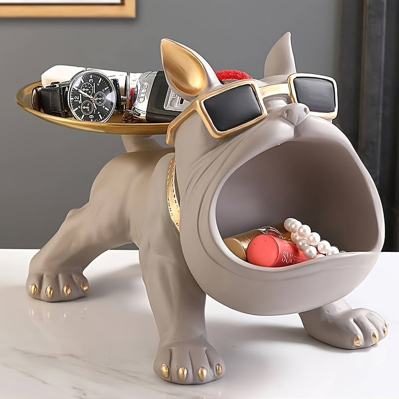 Decorative Resin Bulldog Tray Statue Modern Dog Figurine Key Tray Entryway Organizer Candy Jewelry Earring Tray Holder Home Office Dining Table Decor Desk Accent Christmas New Year Gift Dog Lover