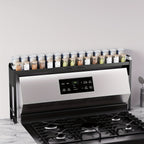 Stove Top Shelf Expandable Spice Rack – Adjustable Back of Stove & Over Sink Shelf for Kitchen Storage Organization, Black
