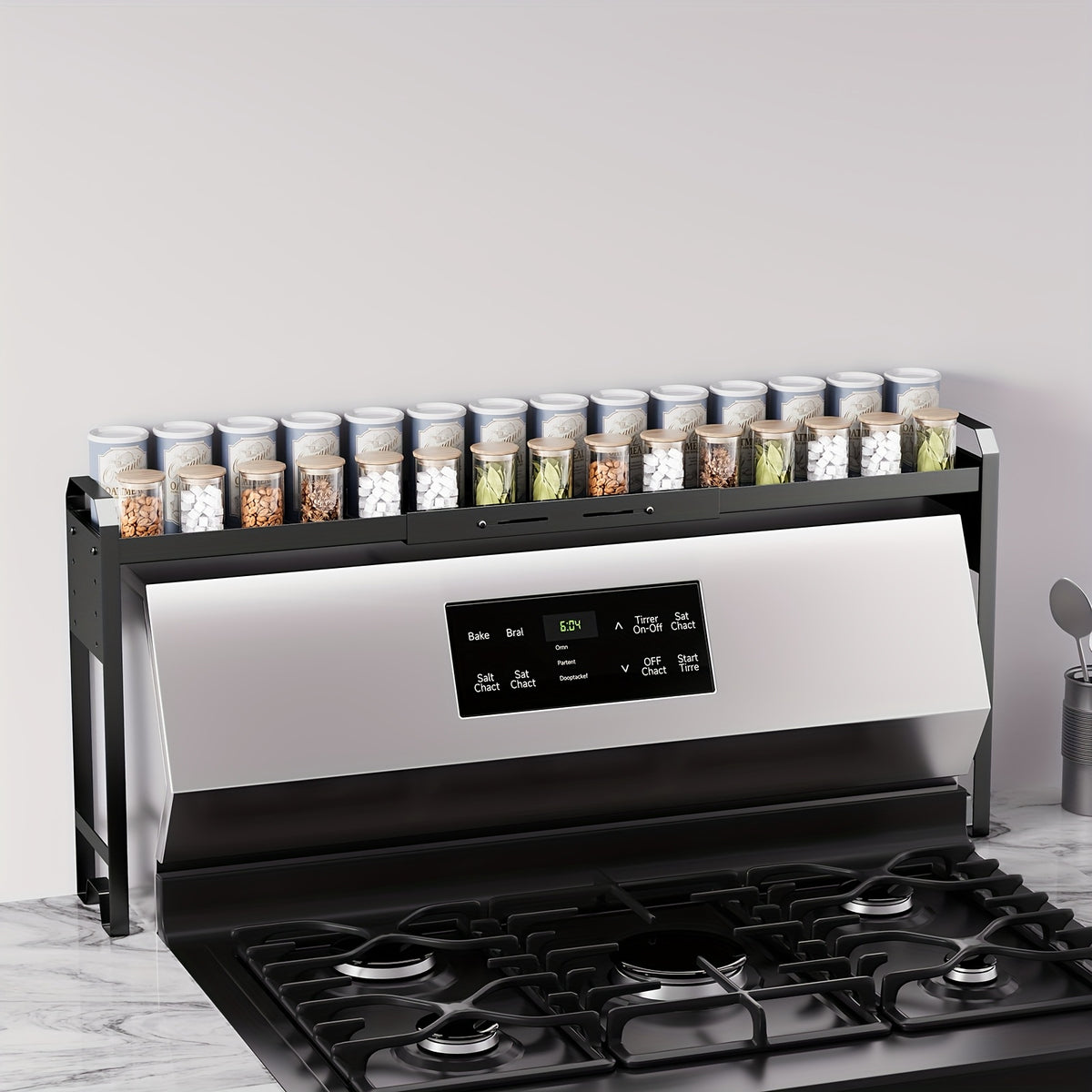 Stove Top Shelf Expandable Spice Rack – Adjustable Back of Stove & Over Sink Shelf for Kitchen Storage Organization, Black