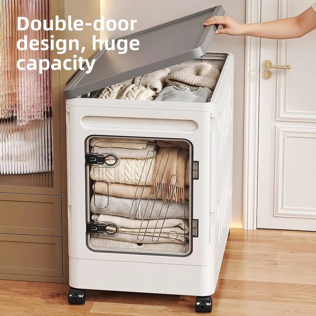 Oversized Clamshell Storage Box with Wheels 32 & 18 Gallon Large Capacity Folding Storage Cabinet Wardrobe Organizer for Clothing Bedding – Rolling Portable Closet Storage Bin with Universal Wheels