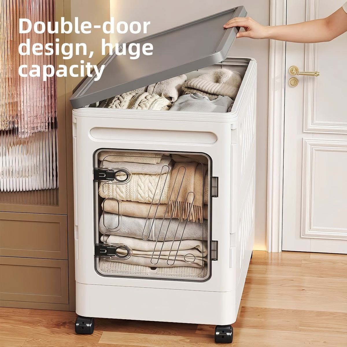 Oversized Clamshell Storage Box with Wheels 32 & 18 Gallon Large Capacity Folding Storage Cabinet Wardrobe Organizer for Clothing Bedding – Rolling Portable Closet Storage Bin with Universal Wheels