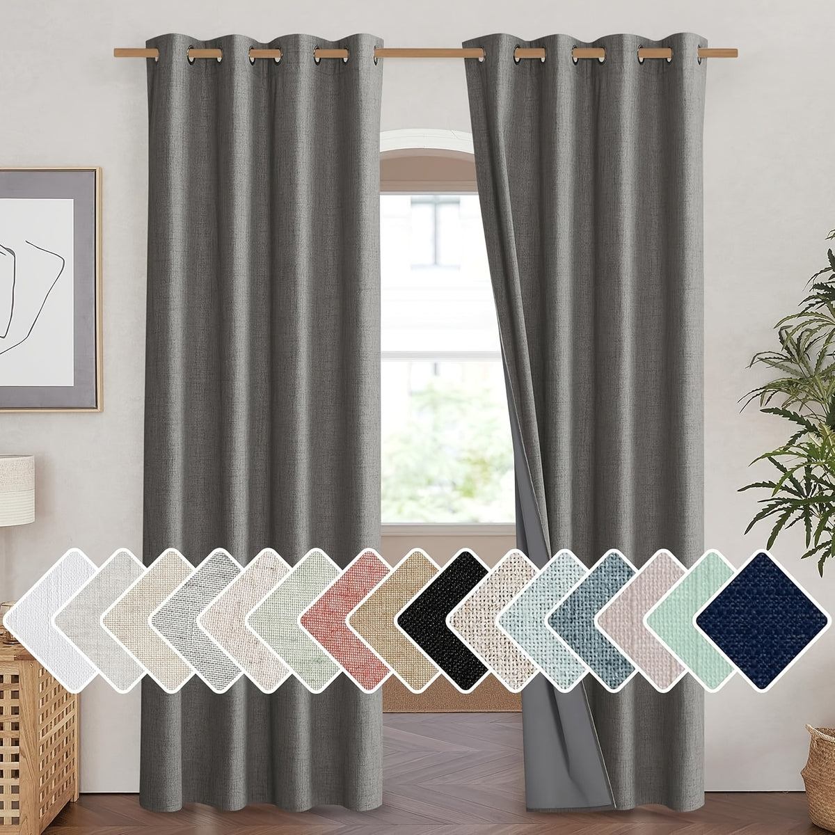 Linen Blackout Curtains 2 Panels 100% Farmhouse Grommet Top – Thermal Insulated Thick Window Drapes for Living Room Bedroom, 11 Colors 6 Sizes