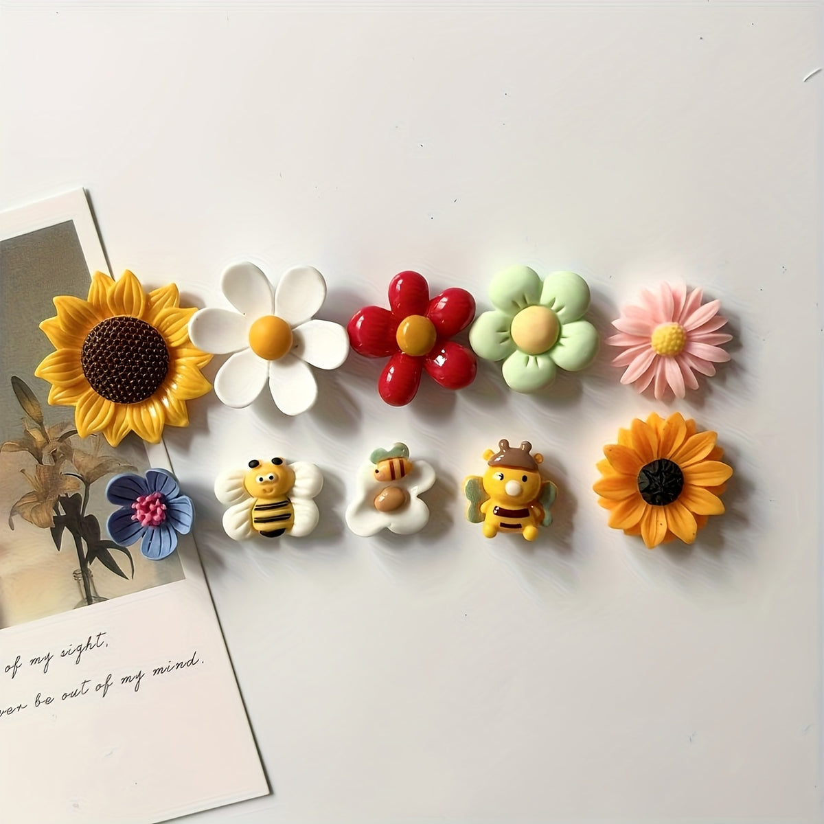 Fridge Magnets with Photo Message Holders Set of 5 – Flower & Bee Multicolor Oval Refrigerator Magnets for Home, Office & Holiday Gifts, Cute Decorative Photo Display Magnets
