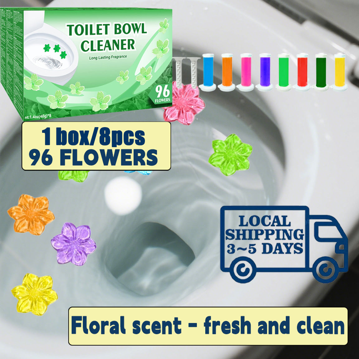 Toilet Cleaning Gel Stamps with Dispenser & Air-Freshening Fragrance – 8 Pieces / 96 Gel Patterns Toilet Bowl Cleaner for Ceramic Surfaces, Bathrooms & Kitchens