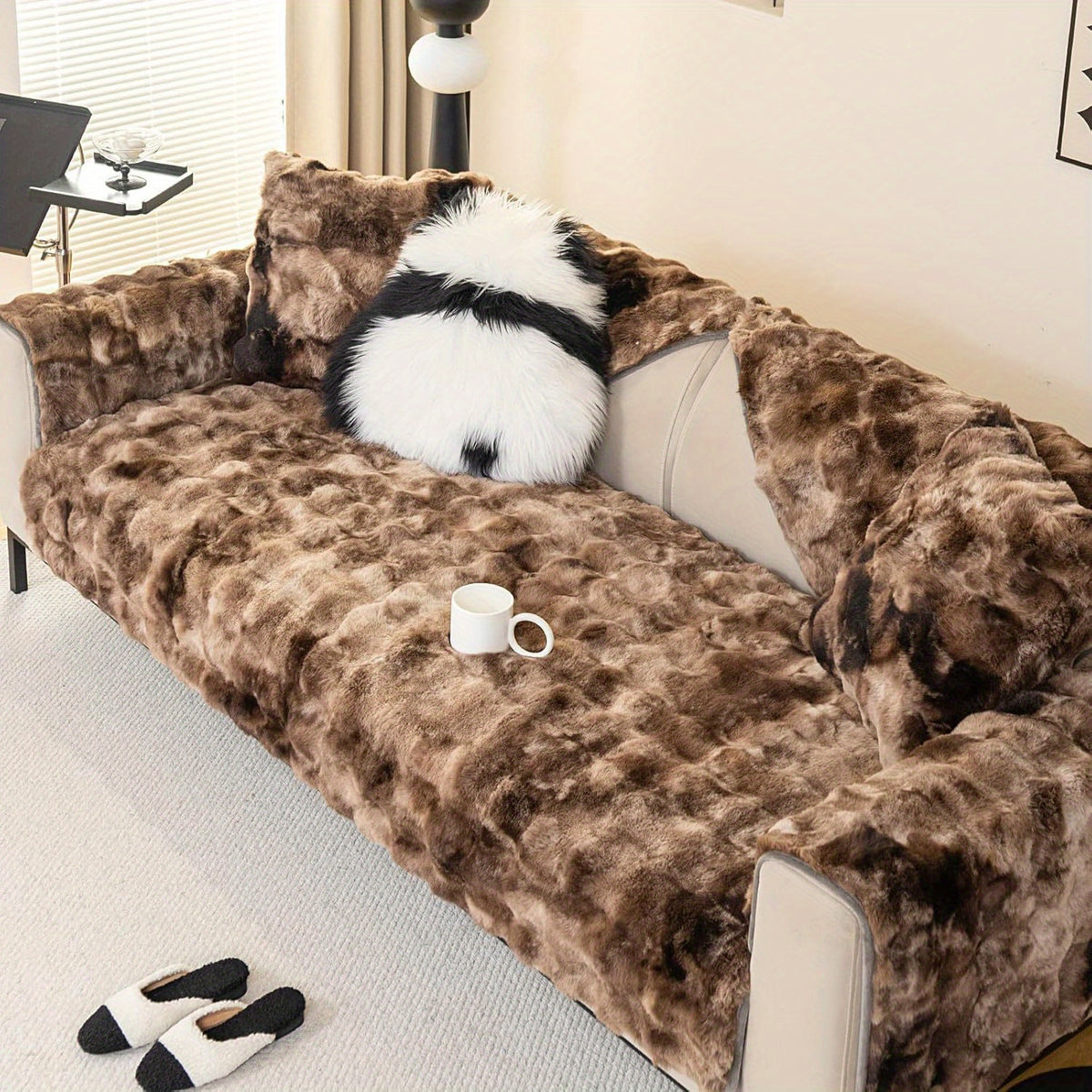 Gradient Faux Rabbit Plush Sofa Cover Non-Slip Furniture Protector – Armchair Loveseat 2 3 4 Seater Couch Cover, Armrest Backrest Pillow Case, 4 Colors 7 Sizes
