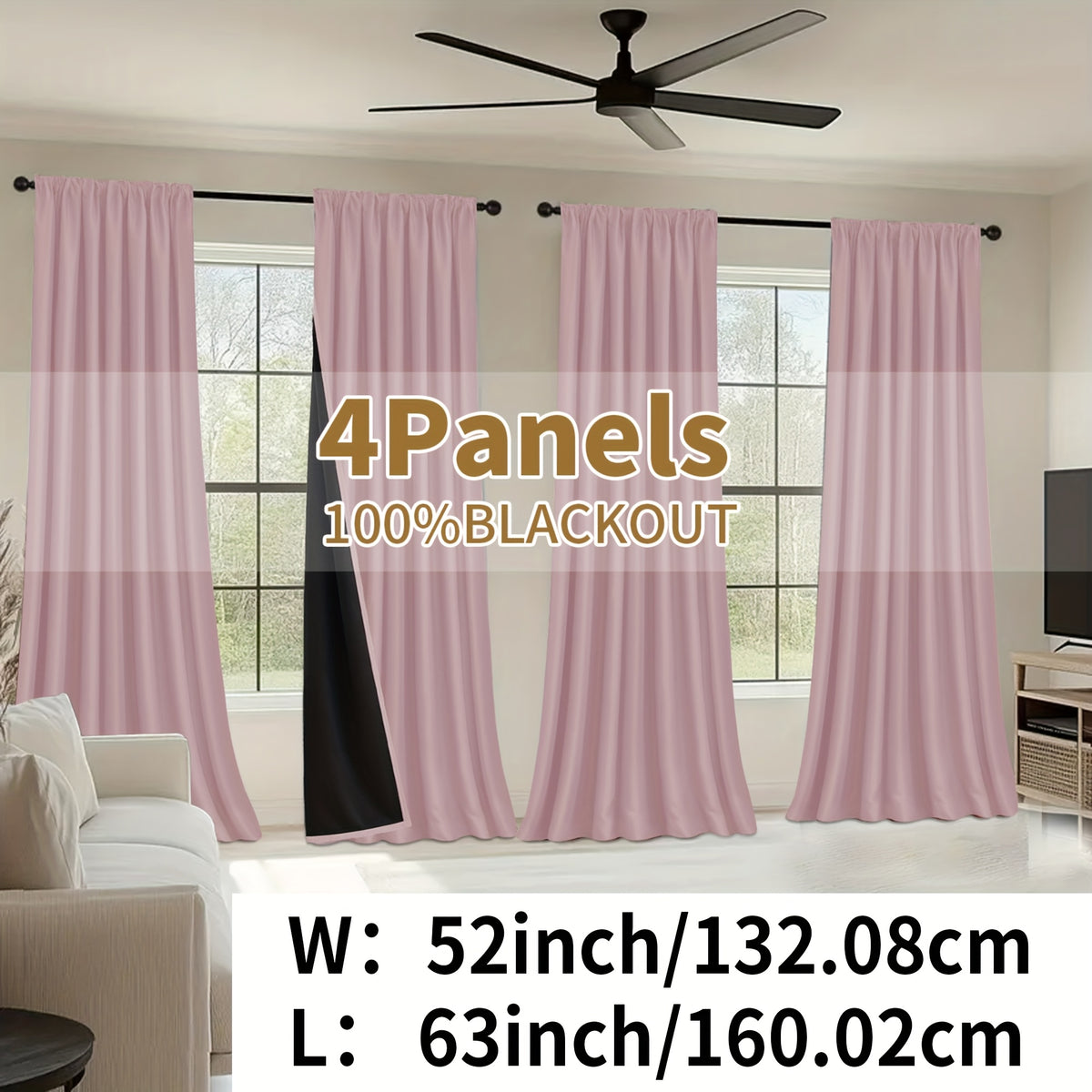 Blackout Curtains Rod Pocket 4 Panels - Thermal Insulated Room Darkening Noise Reducing Matte Drapes for Bedroom Living Room Office, 9 Colors 11 Sizes