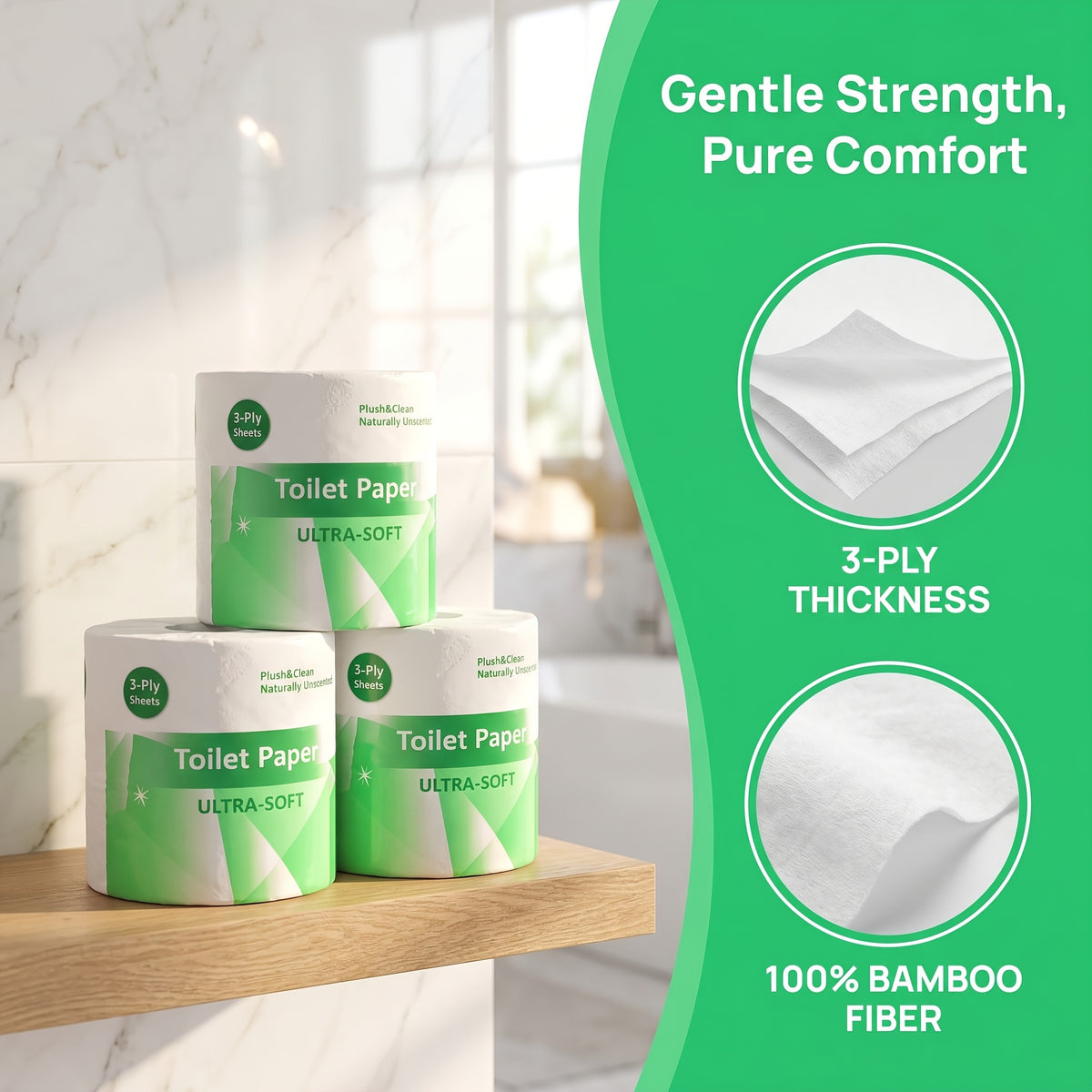 3-Ply Ultra Soft Toilet Paper Bulk 12 or 24 Rolls, Thick Bathroom Tissue, Strong Absorbent Individually Wrapped Toilet Tissue Rolls for Home Hotel Office Restroom