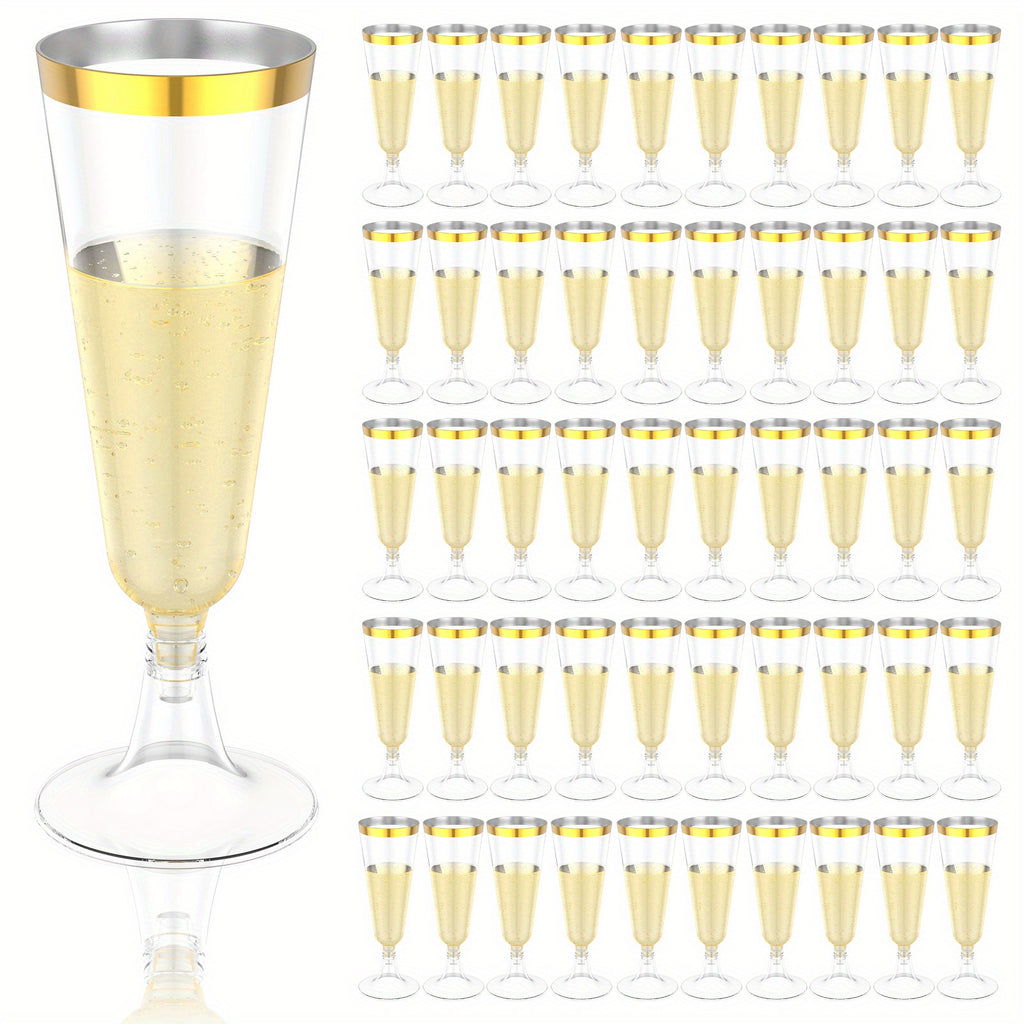 Plastic Champagne Flutes 50 Pack Gold Rim Shatterproof Reusable Wedding Party Glasses 5oz Clear PP Toasting Flute Set for Weddings Parties Buffets