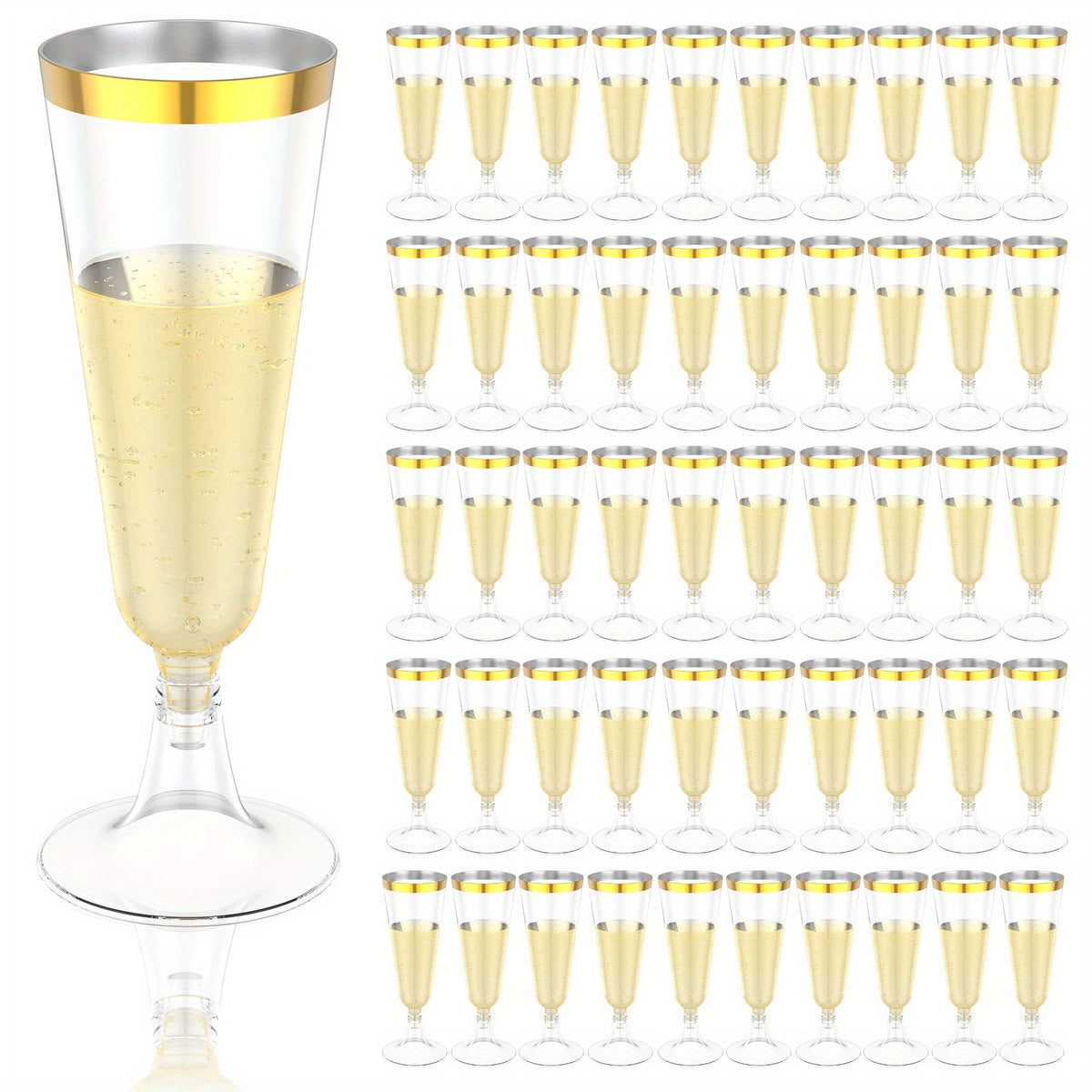 Plastic Champagne Flutes 50 Pack Gold Rim Shatterproof Reusable Wedding Party Glasses 5oz Clear PP Toasting Flute Set for Weddings Parties Buffets