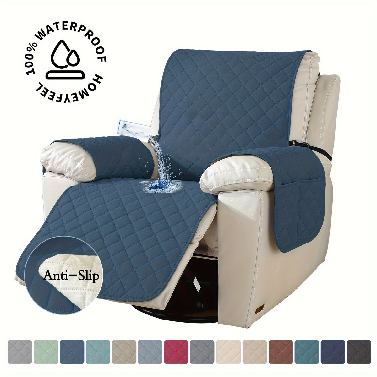 Recliner Chair Cover Waterproof Non-Slip, Oversized Recliner Slipcover with Side Pocket & Elastic Straps, Washable Furniture Protector for Dogs & Pets, Warm Cozy Chair Cover, 1 Piece